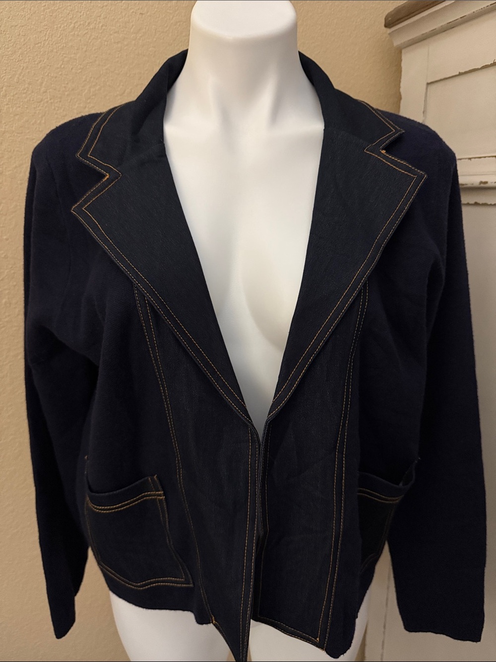 Sioni Navy Open Cardigan with Denim Lapel & Neckline With Contrast Stitching